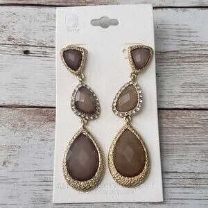 Extra Large Statement Dangle Earrings Olive Tone Faceted Gems - New